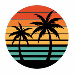 Retro vintage sunset of palm trees striped circle vector illustration on white background