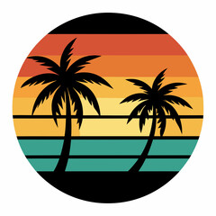 Retro vintage sunset of palm trees striped circle vector illustration on white background
