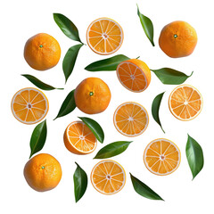 Top view of sliced and whole ripe oranges with fresh green leaves on a transparent background