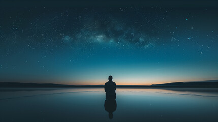 boy by the surreal sea with reflection, a quiet solitude of space during a moment of reflection
