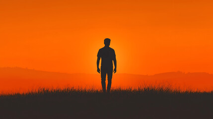 Silhouette of man standing on grassy field against orange sky at sunset, 3D rendering illustration with copy space for text