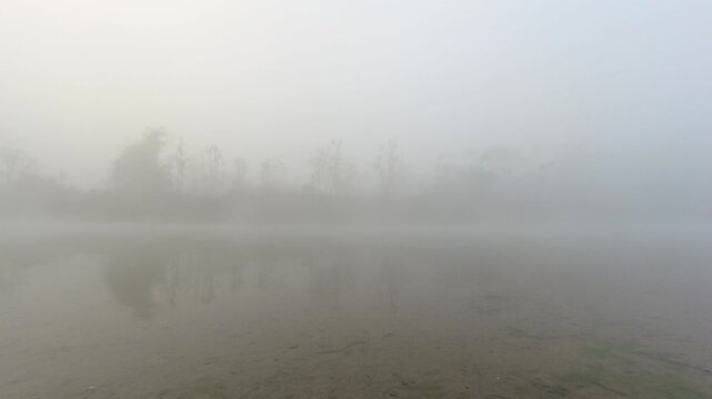 Time lapse foggy morning and mist motion over river in Chitwan national park. Jungles buffer zone on misty mysterious morning
