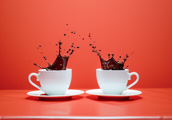 coffee cups with saucers are on a white table featuring an artistic chocolate crown, set against a red background.Minimal creative food and drink concept.Flat lay,copy space.Trendy social mockup 