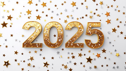 number "2025" new year with 3D number and stars design concept, isolated on white background. Golden numbers 2025. Design element for new year greeting card, christmas card, invitiation card. Promotio