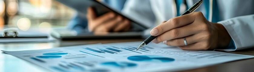 Hospital finance team analyzing budget reports, Hospital business, analytical and strategic