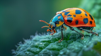 Naklejka premium Vibrant Orange and Blue Beetle Crawling on Green Leaf Under Natural Light