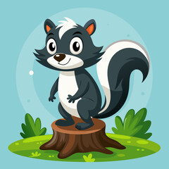 Cartoon skunk posing on tree stump vector illustration 