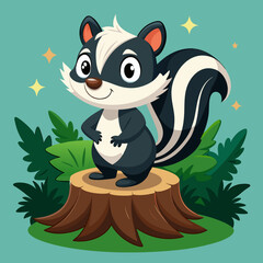 Cartoon skunk posing on tree stump vector illustration 