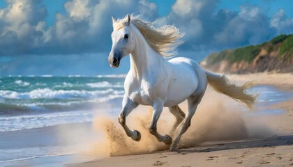 Obraz premium White horse running on the beach with waves crashing in the background and clouds in the sky.