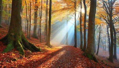 Obraz premium Sunlight streaming through a dense forest with autumn leaves covering the ground and trees in the background.