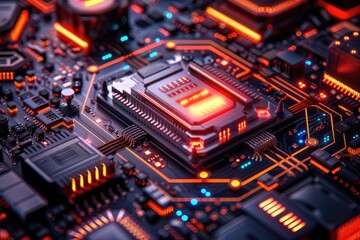 Closeup of a glowing CPU on a circuit board