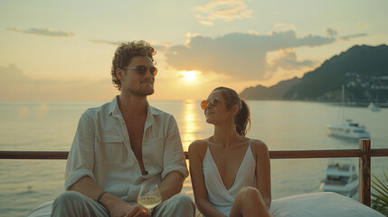 Fototapeta premium A couple in love is drinking wine on the seashore.