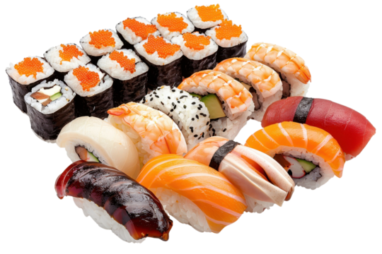 A vibrant assortment of sushi featuring various types, including nigiri and maki, beautifully arranged for a tasty visual experience.