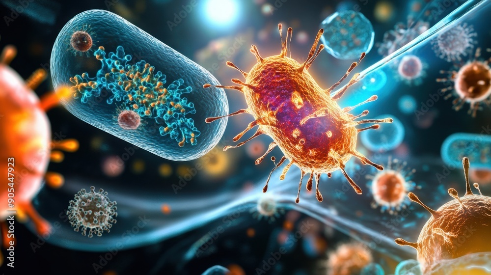 Wall mural microbial ecosystem, various microorganisms interacting