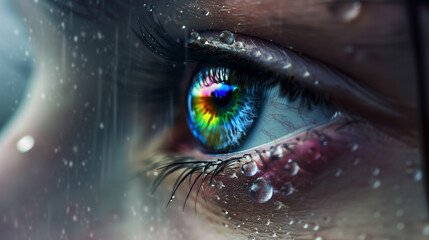 A woman's eye is shown with a rainbow colored iris. The iris is surrounded by water droplets, giving the eye a dreamy, ethereal appearance. The eye is the focal point of the image