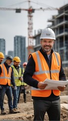 Portrait of a smiling engineer supervising a construction site and checking the work done. He is wearing professional clothes and a hard hat.