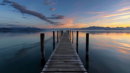 Fototapeta premium A serene sunset over a calm lake, with a wooden pier extending into the water and vibrant hues of orange and pink reflecting on the surface. The detailed textures and colors make the scene come