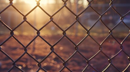 Fototapeta premium Chain link fence and post in focus on a sunny morning