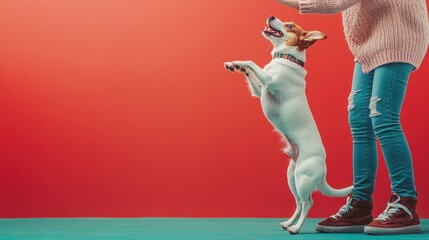 A playful dog standing on its hind legs, reaching up to its owner against a solid color background. The owner bends down to meet the dog's excitement, creating a joyful moment. The background