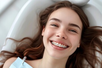 Fototapeta premium Close-up Portrait of a Smiling Young Woman with Braces
