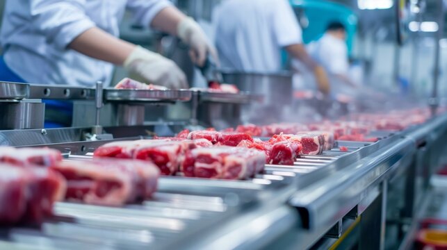 Production line in the food factory.Factory for the production of food from meat.Industrial equipment at a meat factory.Automated production line in modern food factory.People working..