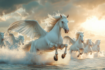 Winged Horse Pegasus Flying Through Cloudy Skies, Epitomizing Divine Inspiration and Heroic Tales from Greek Mythology 