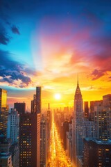 Obraz premium City skyline with dramatic sunset hues