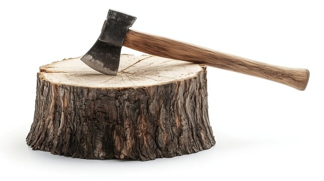 side view on one single wooden tree stump with axe isolated on white background
