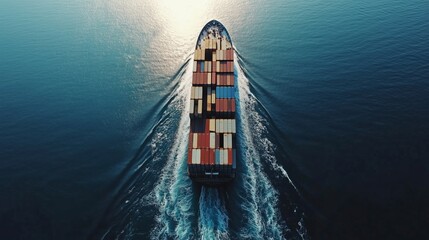 Aerial View of a Container Ship with Cargo Containers Sailing in the Open Sea, Drone View. Wide Angle Footage Depicting Vessel Full of Containers Moving Across the Water, Ocean Transport and Trade