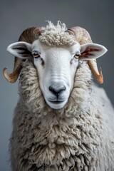 Detailed Close-Up of a Texel Sheep with Curled Horns