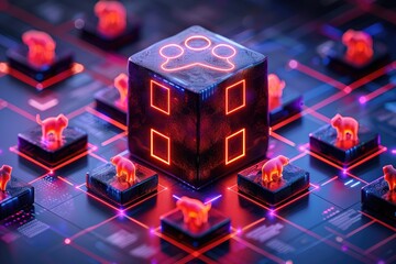 Neon Paw Print Icon on a Network of Connected Cubes