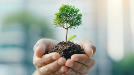 Hands holding a small tree sapling in soil, representing growth, sustainability, and nature.