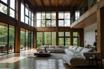 Fototapeta premium A loft living room where a large, open layout is enhanced by a minimalist window and coffee table.
