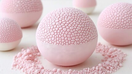   A cluster of pink spheres atop a desk beside a ring of pink candy