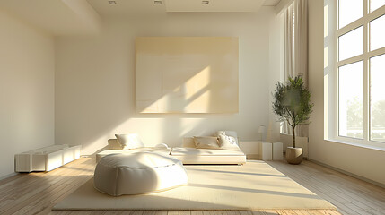 Obraz premium A minimalist living room with a large, white sofa and a large window that lets in plenty of natural light. The room is decorated with a few simple pieces of furniture, including a large, white pouf i