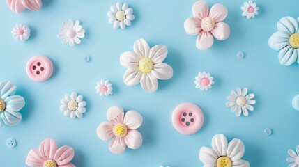 Fototapeta premium Pastel background with flower shaped wooden buttons for text and design Creative concept Top view