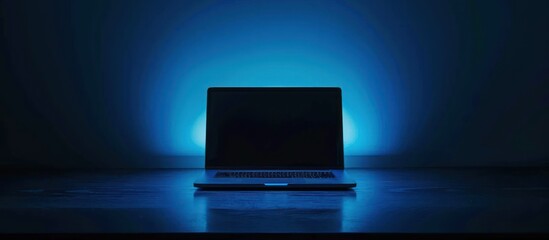A Closed Laptop Under a Blue Spotlight on a Dark Wooden Table