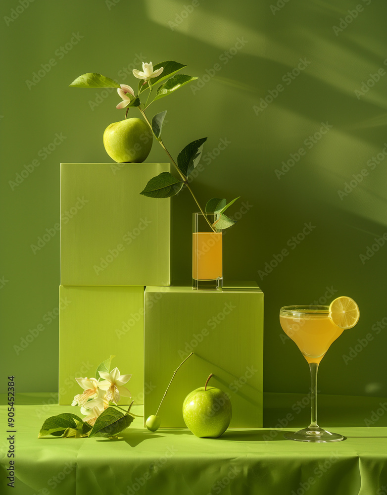 Wall mural Minimalistic still life: apple, cocktail glass on green cube, vegetable sculpture, light olive background.Minimal creative drink,food and party concept.Copy space,top view