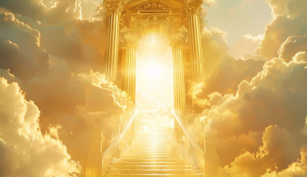Golden door of heaven with illuminated stairs and glowing clouds in a serene, ethereal atmosphere