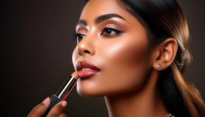 Obraz premium Dynamic shots of cosmetics being applied, such as lipstick on lips, eyeshadow on eyelids