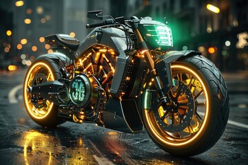 Futuristic Motorcycle with Glowing Wheels in Urban Setting