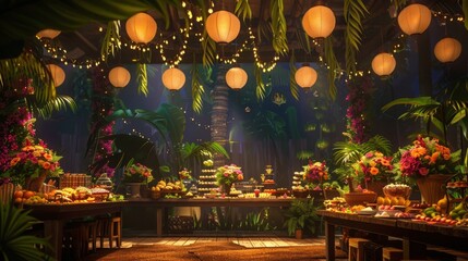 Obraz premium decorated for a tropical party with flower garlands generative ai