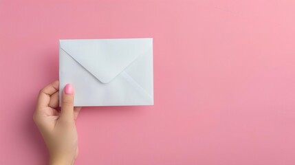 Fototapeta premium Hand holding white envelope on pink background. Minimalist design.
