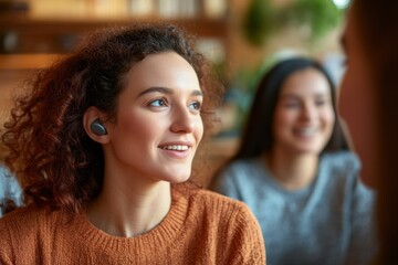 Portrait photo of a deaf woman with hearing aids chatting with her friends in a restaurant