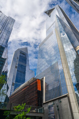 Low angle view of skyscraper with Sky deck observatory Edge in Hudson Yards