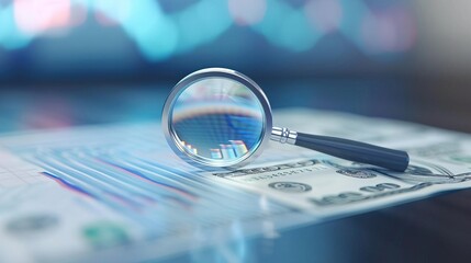 Magnifying glass on US dollar bills with blurred financial chart background.