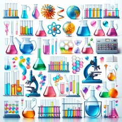Colorful Collection of Laboratory Glassware and Scientific Equipment on White Background
