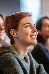 Portrait photo of young deaf girl with hearing aids attending college class