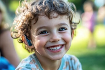 Little deaf boy with hearing aids enjoying a sunny day in the park with his friends