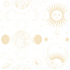 illustration set of moon phases. Different stages of moonlight activity in vintage engraving style. Zodiac Signs	